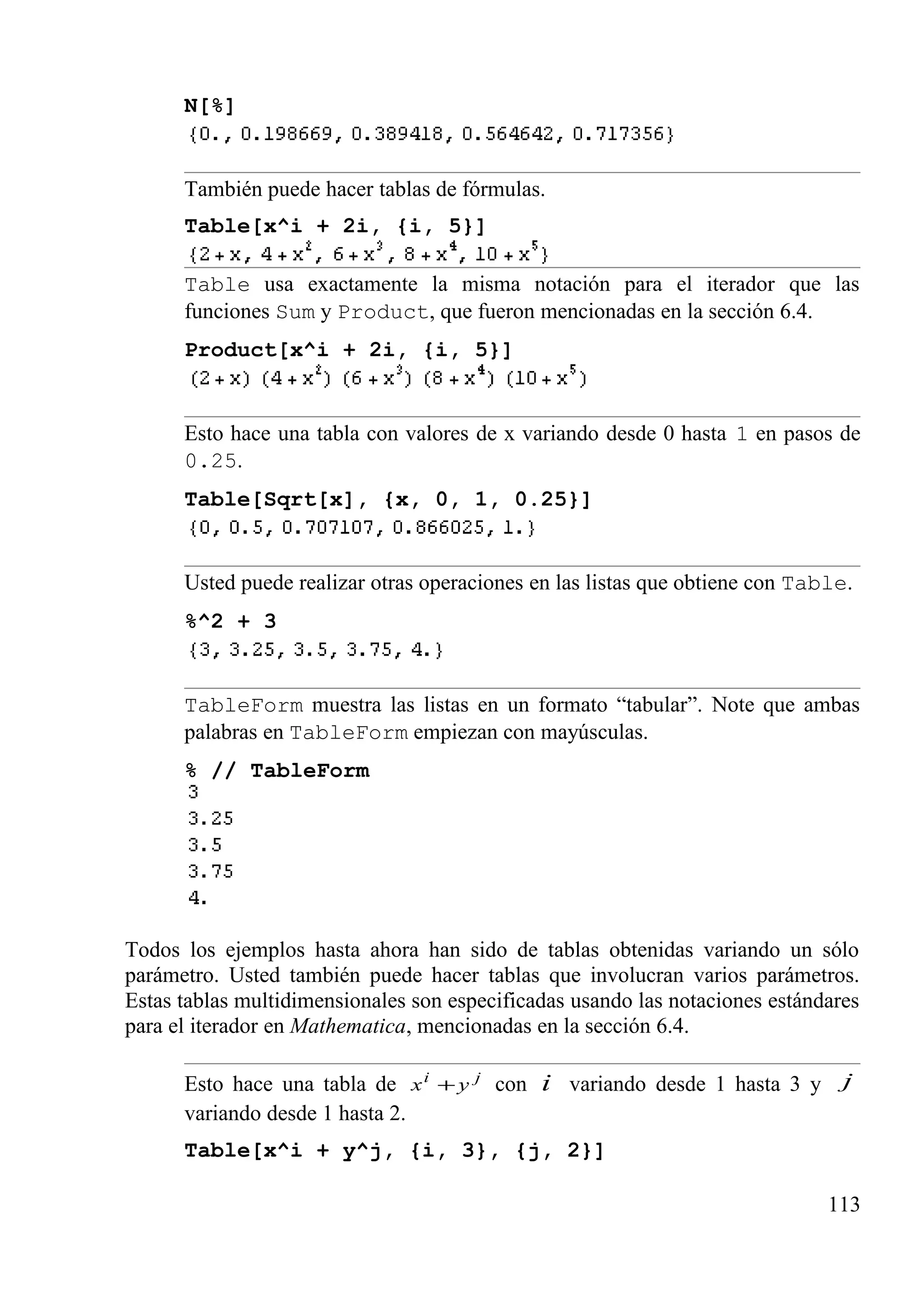 N[%]
También puede hacer tablas de fórmulas.
Table[x^i + 2i, {i, 5}]
Table usa exactamente la misma notación para el iterador que las
funciones Sum y Product, que fueron mencionadas en la sección 6.4.
Product[x^i + 2i, {i, 5}]
Esto hace una tabla con valores de x variando desde 0 hasta 1 en pasos de
0.25.
Table[Sqrt[x], {x, 0, 1, 0.25}]
Usted puede realizar otras operaciones en las listas que obtiene con Table.
%^2 + 3
TableForm muestra las listas en un formato “tabular”. Note que ambas
palabras en TableForm empiezan con mayúsculas.
% // TableForm
Todos los ejemplos hasta ahora han sido de tablas obtenidas variando un sólo
parámetro. Usted también puede hacer tablas que involucran varios parámetros.
Estas tablas multidimensionales son especificadas usando las notaciones estándares
para el iterador en Mathematica, mencionadas en la sección 6.4.
Esto hace una tabla de ji
yx + con i variando desde 1 hasta 3 y j
variando desde 1 hasta 2.
Table[x^i + y^j, {i, 3}, {j, 2}]
113
 