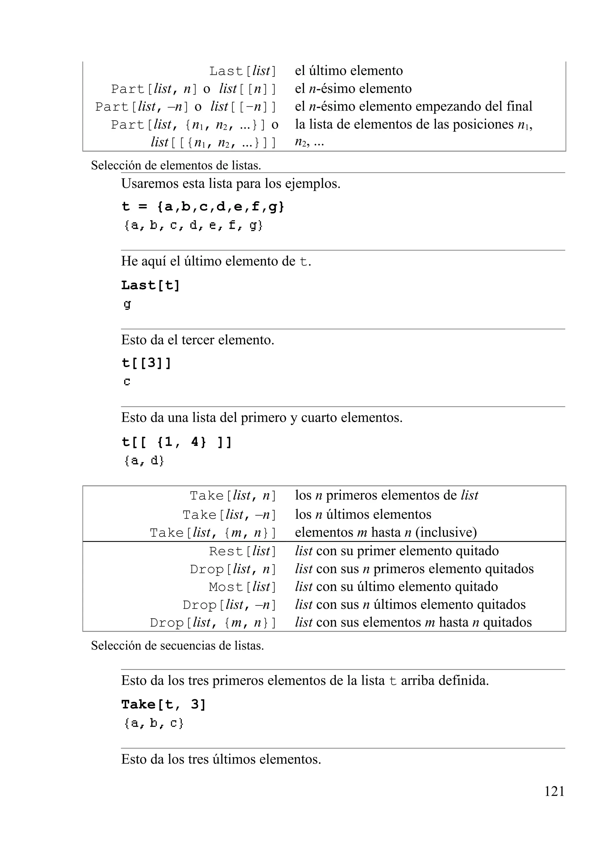 Last[list] el último elemento
Part[list, n] o list[[n]] el n-ésimo elemento
Part[list, –n] o list[[–n]] el n-ésimo elemento empezando del final
Part[list, {n1, n2, ...}] o
list[[{n1, n2, ...}]]
la lista de elementos de las posiciones n1,
n2, ...
Selección de elementos de listas.
Usaremos esta lista para los ejemplos.
t = {a,b,c,d,e,f,g}
He aquí el último elemento de t.
Last[t]
Esto da el tercer elemento.
t[[3]]
Esto da una lista del primero y cuarto elementos.
t[[ {1, 4} ]]
Take[list, n] los n primeros elementos de list
Take[list, –n] los n últimos elementos
Take[list, {m, n}] elementos m hasta n (inclusive)
Rest[list] list con su primer elemento quitado
Drop[list, n] list con sus n primeros elemento quitados
Most[list] list con su último elemento quitado
Drop[list, –n] list con sus n últimos elemento quitados
Drop[list, {m, n}] list con sus elementos m hasta n quitados
Selección de secuencias de listas.
Esto da los tres primeros elementos de la lista t arriba definida.
Take[t, 3]
Esto da los tres últimos elementos.
121
 