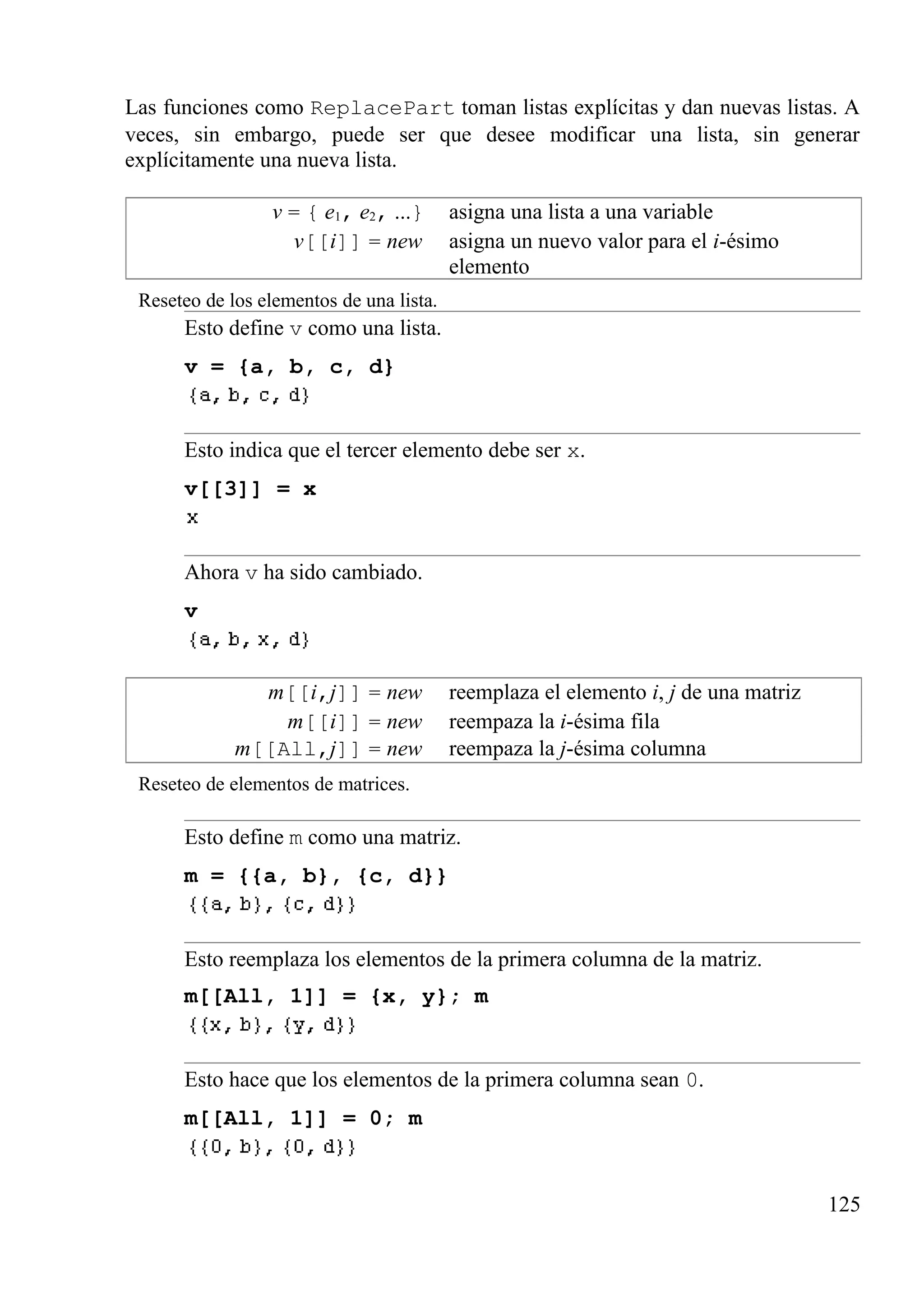 Las funciones como ReplacePart toman listas explícitas y dan nuevas listas. A
veces, sin embargo, puede ser que desee modificar una lista, sin generar
explícitamente una nueva lista.
v = { e1, e2, ...} asigna una lista a una variable
v[[i]] = new asigna un nuevo valor para el i-ésimo
elemento
Reseteo de los elementos de una lista.
Esto define v como una lista.
v = {a, b, c, d}
Esto indica que el tercer elemento debe ser x.
v[[3]] = x
Ahora v ha sido cambiado.
v
m[[i,j]] = new reemplaza el elemento i, j de una matriz
m[[i]] = new reempaza la i-ésima fila
m[[All,j]] = new reempaza la j-ésima columna
Reseteo de elementos de matrices.
Esto define m como una matriz.
m = {{a, b}, {c, d}}
Esto reemplaza los elementos de la primera columna de la matriz.
m[[All, 1]] = {x, y}; m
Esto hace que los elementos de la primera columna sean 0.
m[[All, 1]] = 0; m
125
 