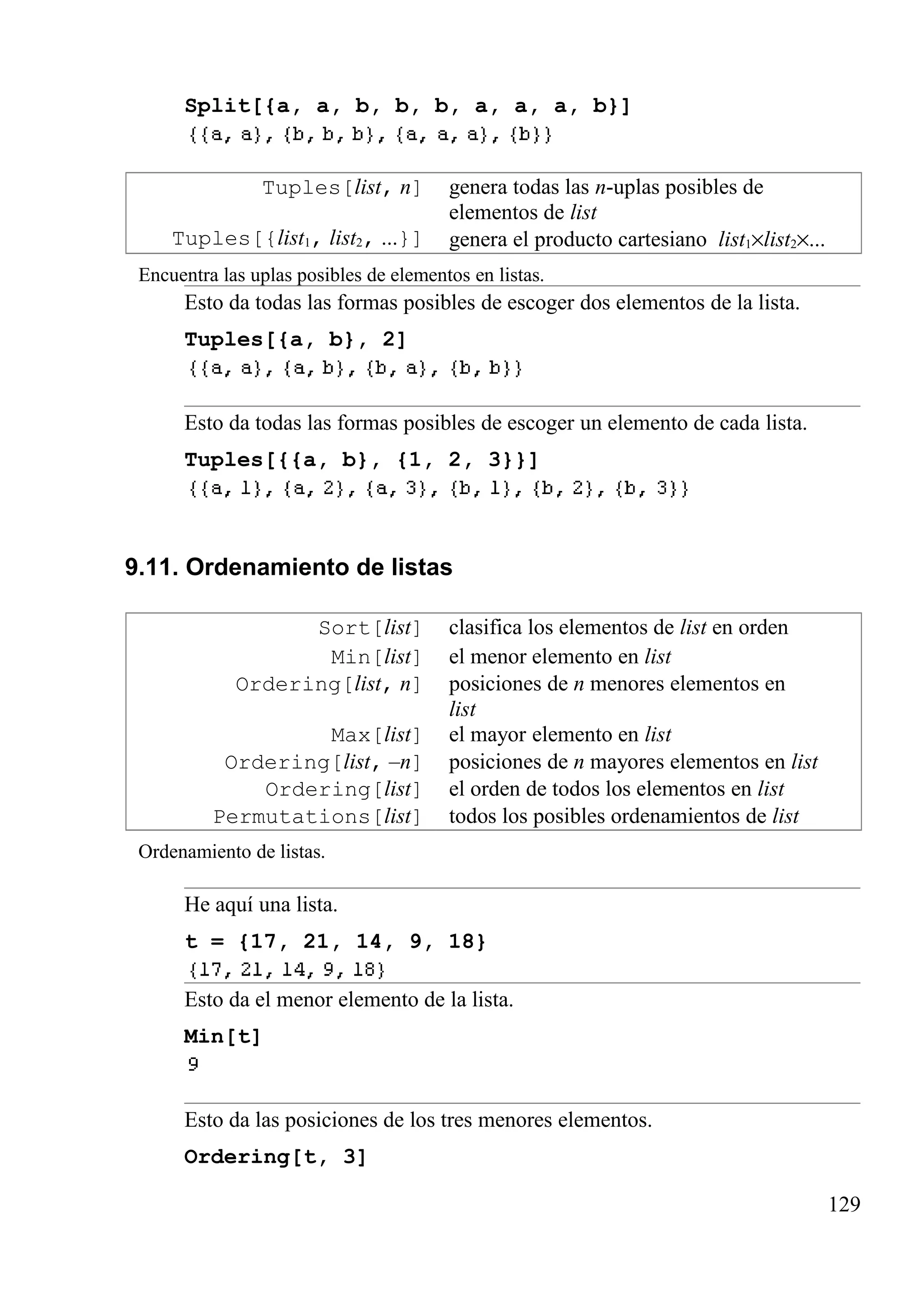 Split[{a, a, b, b, b, a, a, a, b}]
Tuples[list, n] genera todas las n-uplas posibles de
elementos de list
Tuples[{list1, list2, ...}] genera el producto cartesiano list1×list2×...
Encuentra las uplas posibles de elementos en listas.
Esto da todas las formas posibles de escoger dos elementos de la lista.
Tuples[{a, b}, 2]
Esto da todas las formas posibles de escoger un elemento de cada lista.
Tuples[{{a, b}, {1, 2, 3}}]
9.11. Ordenamiento de listas
Sort[list] clasifica los elementos de list en orden
Min[list] el menor elemento en list
Ordering[list, n] posiciones de n menores elementos en
list
Max[list] el mayor elemento en list
Ordering[list, –n] posiciones de n mayores elementos en list
Ordering[list] el orden de todos los elementos en list
Permutations[list] todos los posibles ordenamientos de list
Ordenamiento de listas.
He aquí una lista.
t = {17, 21, 14, 9, 18}
Esto da el menor elemento de la lista.
Min[t]
Esto da las posiciones de los tres menores elementos.
Ordering[t, 3]
129
 