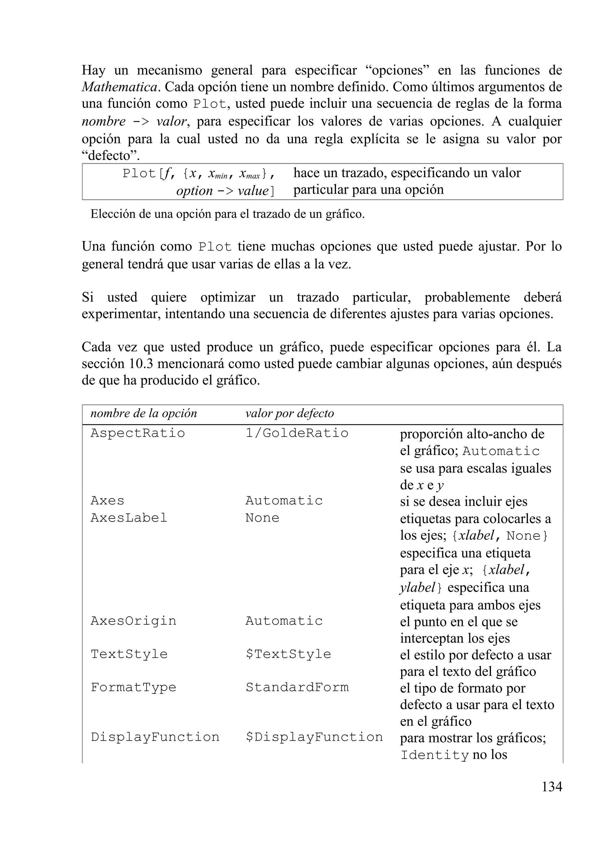 Hay un mecanismo general para especificar “opciones” en las funciones de
Mathematica. Cada opción tiene un nombre definido. Como últimos argumentos de
una función como Plot, usted puede incluir una secuencia de reglas de la forma
nombre -> valor, para especificar los valores de varias opciones. A cualquier
opción para la cual usted no da una regla explícita se le asigna su valor por
“defecto”.
Plot[f, {x, xmin, xmax},
option -> value]
hace un trazado, especificando un valor
particular para una opción
Elección de una opción para el trazado de un gráfico.
Una función como Plot tiene muchas opciones que usted puede ajustar. Por lo
general tendrá que usar varias de ellas a la vez.
Si usted quiere optimizar un trazado particular, probablemente deberá
experimentar, intentando una secuencia de diferentes ajustes para varias opciones.
Cada vez que usted produce un gráfico, puede especificar opciones para él. La
sección 10.3 mencionará como usted puede cambiar algunas opciones, aún después
de que ha producido el gráfico.
nombre de la opción valor por defecto
AspectRatio 1/GoldeRatio proporción alto-ancho de
el gráfico; Automatic
se usa para escalas iguales
de x e y
Axes Automatic si se desea incluir ejes
AxesLabel None etiquetas para colocarles a
los ejes; {xlabel, None}
especifica una etiqueta
para el eje x; {xlabel,
ylabel} especifica una
etiqueta para ambos ejes
AxesOrigin Automatic el punto en el que se
interceptan los ejes
TextStyle $TextStyle el estilo por defecto a usar
para el texto del gráfico
FormatType StandardForm el tipo de formato por
defecto a usar para el texto
en el gráfico
DisplayFunction $DisplayFunction para mostrar los gráficos;
Identity no los
134
 