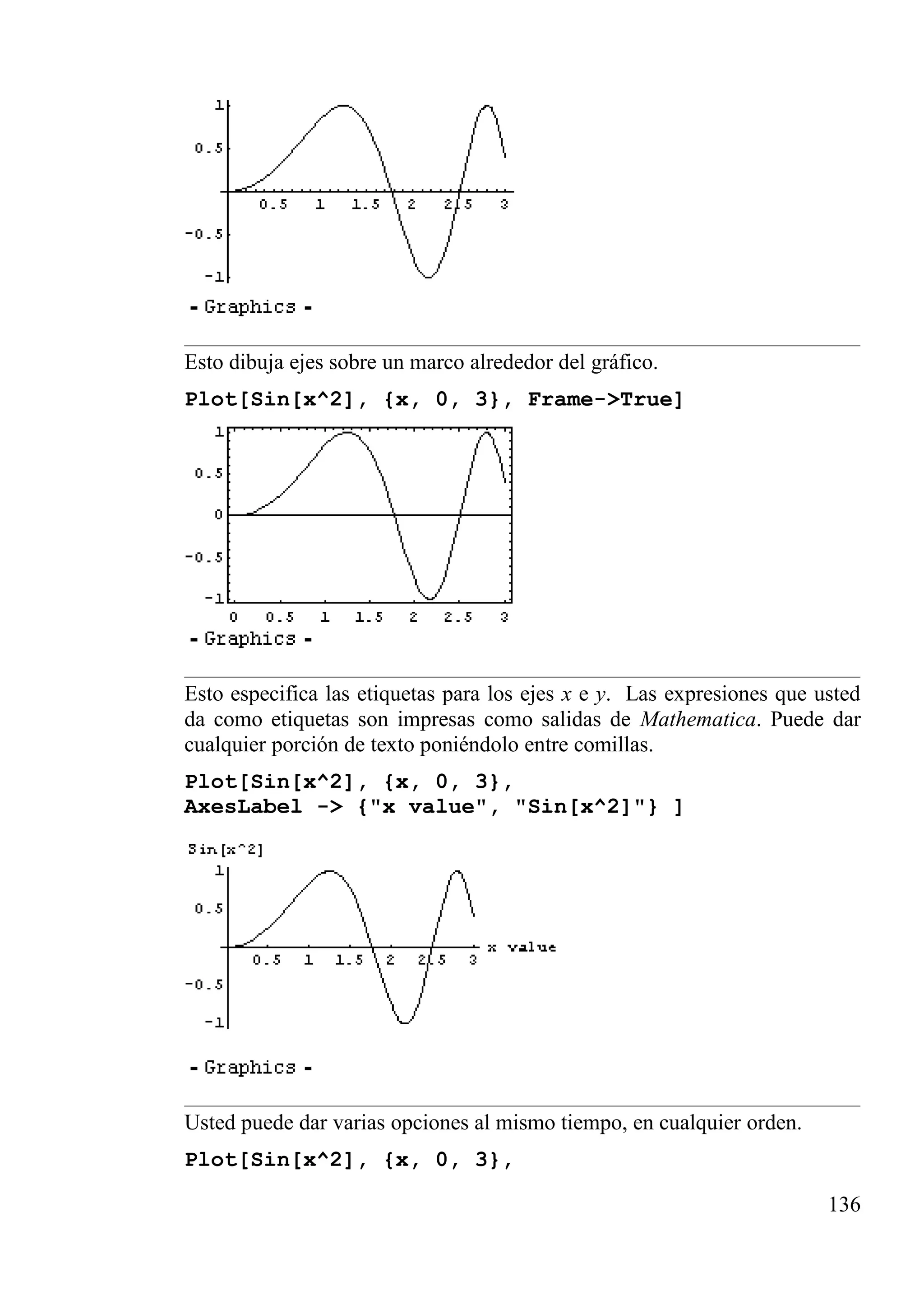 Esto dibuja ejes sobre un marco alrededor del gráfico.
Plot[Sin[x^2], {x, 0, 3}, Frame->True]
Esto especifica las etiquetas para los ejes x e y. Las expresiones que usted
da como etiquetas son impresas como salidas de Mathematica. Puede dar
cualquier porción de texto poniéndolo entre comillas.
Plot[Sin[x^2], {x, 0, 3},
AxesLabel -> {"x value", "Sin[x^2]"} ]
Usted puede dar varias opciones al mismo tiempo, en cualquier orden.
Plot[Sin[x^2], {x, 0, 3},
136
 