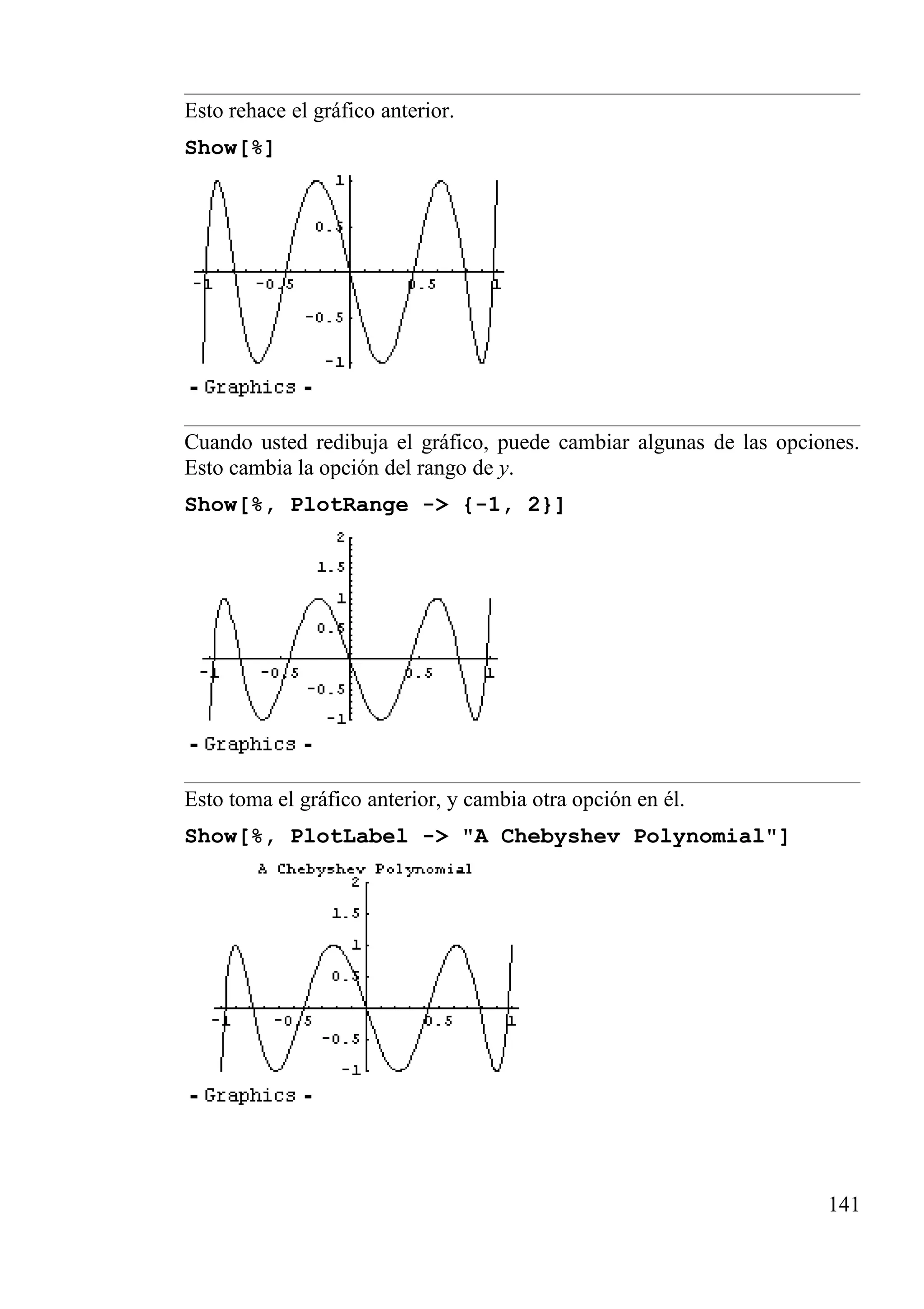 Esto rehace el gráfico anterior.
Show[%]
Cuando usted redibuja el gráfico, puede cambiar algunas de las opciones.
Esto cambia la opción del rango de y.
Show[%, PlotRange -> {-1, 2}]
Esto toma el gráfico anterior, y cambia otra opción en él.
Show[%, PlotLabel -> "A Chebyshev Polynomial"]
141
 