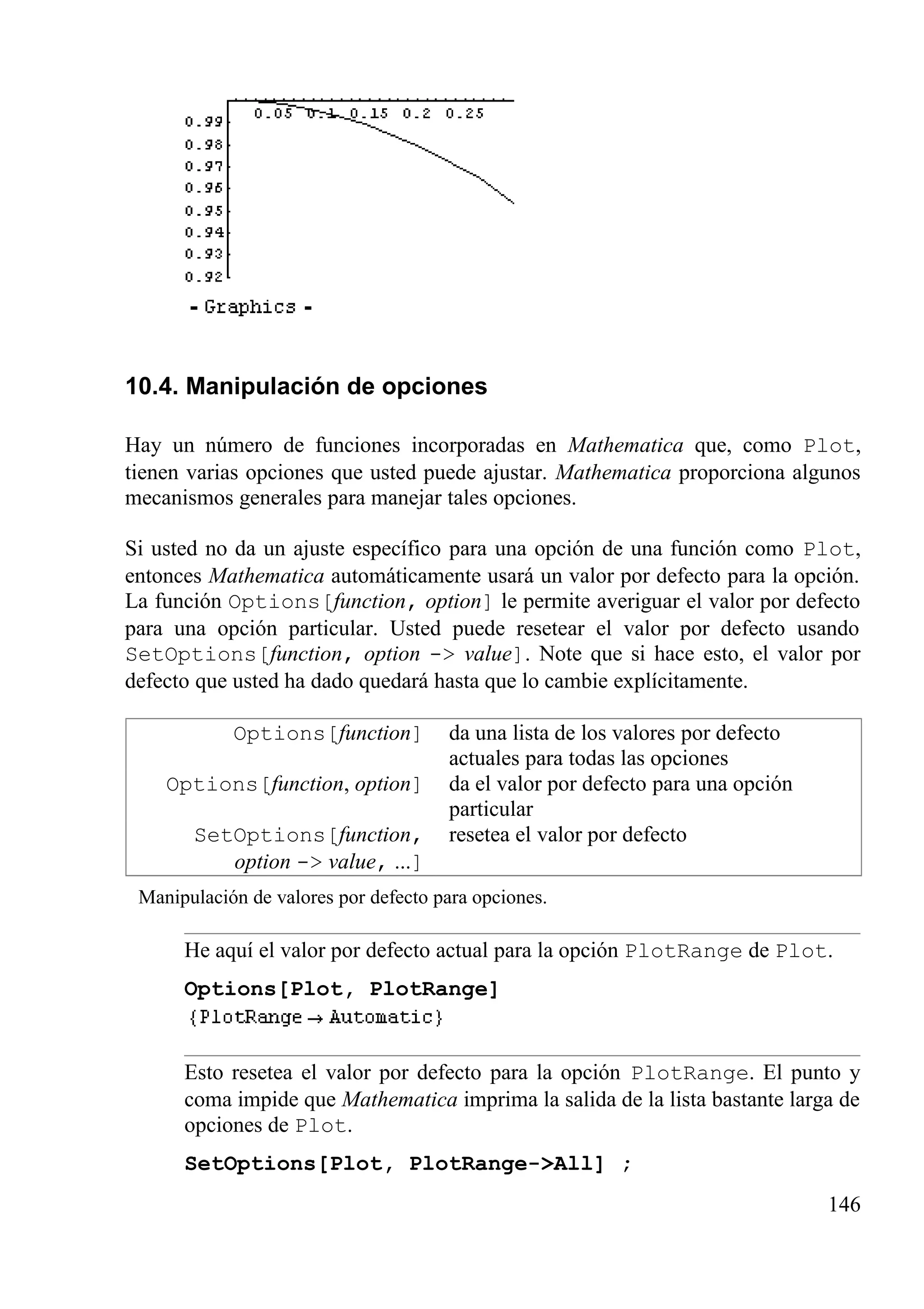 10.4. Manipulación de opciones
Hay un número de funciones incorporadas en Mathematica que, como Plot,
tienen varias opciones que usted puede ajustar. Mathematica proporciona algunos
mecanismos generales para manejar tales opciones.
Si usted no da un ajuste específico para una opción de una función como Plot,
entonces Mathematica automáticamente usará un valor por defecto para la opción.
La función Options[function, option] le permite averiguar el valor por defecto
para una opción particular. Usted puede resetear el valor por defecto usando
SetOptions[function, option -> value]. Note que si hace esto, el valor por
defecto que usted ha dado quedará hasta que lo cambie explícitamente.
Options[function] da una lista de los valores por defecto
actuales para todas las opciones
Options[function, option] da el valor por defecto para una opción
particular
SetOptions[function,
option -> value, ...]
resetea el valor por defecto
Manipulación de valores por defecto para opciones.
He aquí el valor por defecto actual para la opción PlotRange de Plot.
Options[Plot, PlotRange]
Esto resetea el valor por defecto para la opción PlotRange. El punto y
coma impide que Mathematica imprima la salida de la lista bastante larga de
opciones de Plot.
SetOptions[Plot, PlotRange->All] ;
146
 