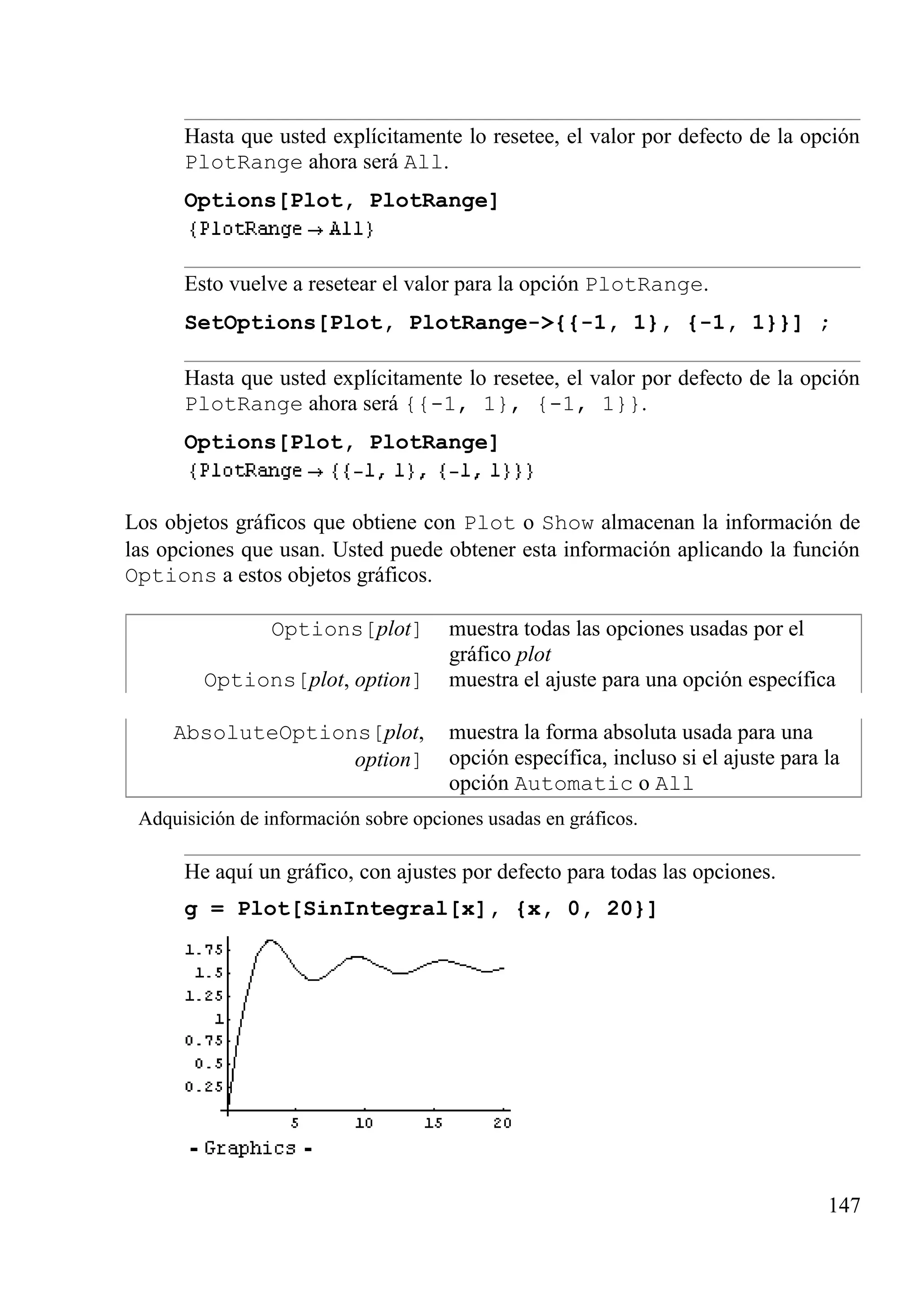 Hasta que usted explícitamente lo resetee, el valor por defecto de la opción
PlotRange ahora será All.
Options[Plot, PlotRange]
Esto vuelve a resetear el valor para la opción PlotRange.
SetOptions[Plot, PlotRange->{{-1, 1}, {-1, 1}}] ;
Hasta que usted explícitamente lo resetee, el valor por defecto de la opción
PlotRange ahora será {{-1, 1}, {-1, 1}}.
Options[Plot, PlotRange]
Los objetos gráficos que obtiene con Plot o Show almacenan la información de
las opciones que usan. Usted puede obtener esta información aplicando la función
Options a estos objetos gráficos.
Options[plot] muestra todas las opciones usadas por el
gráfico plot
Options[plot, option] muestra el ajuste para una opción específica
AbsoluteOptions[plot,
option]
muestra la forma absoluta usada para una
opción específica, incluso si el ajuste para la
opción Automatic o All
Adquisición de información sobre opciones usadas en gráficos.
He aquí un gráfico, con ajustes por defecto para todas las opciones.
g = Plot[SinIntegral[x], {x, 0, 20}]
147
 