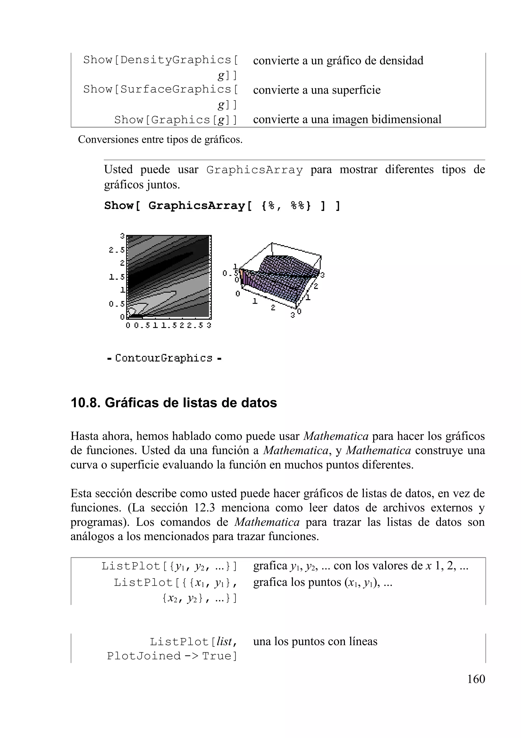 Show[DensityGraphics[
g]]
convierte a un gráfico de densidad
Show[SurfaceGraphics[
g]]
convierte a una superficie
Show[Graphics[g]] convierte a una imagen bidimensional
Conversiones entre tipos de gráficos.
Usted puede usar GraphicsArray para mostrar diferentes tipos de
gráficos juntos.
Show[ GraphicsArray[ {%, %%} ] ]
10.8. Gráficas de listas de datos
Hasta ahora, hemos hablado como puede usar Mathematica para hacer los gráficos
de funciones. Usted da una función a Mathematica, y Mathematica construye una
curva o superficie evaluando la función en muchos puntos diferentes.
Esta sección describe como usted puede hacer gráficos de listas de datos, en vez de
funciones. (La sección 12.3 menciona como leer datos de archivos externos y
programas). Los comandos de Mathematica para trazar las listas de datos son
análogos a los mencionados para trazar funciones.
ListPlot[{y1, y2, ...}] grafica y1, y2, ... con los valores de x 1, 2, ...
ListPlot[{{x1, y1},
{x2, y2}, ...}]
grafica los puntos (x1, y1), ...
ListPlot[list,
PlotJoined -> True]
una los puntos con líneas
160
 
