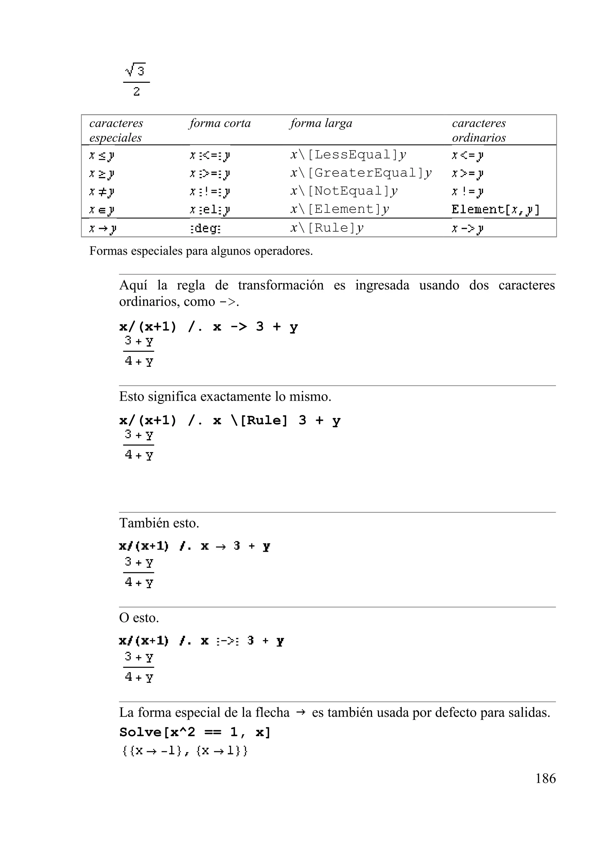caracteres
especiales
forma corta forma larga caracteres
ordinarios
x[LessEqual]y
x[GreaterEqual]y
x[NotEqual]y
x[Element]y
x[Rule]y
Formas especiales para algunos operadores.
Aquí la regla de transformación es ingresada usando dos caracteres
ordinarios, como ->.
x/(x+1) /. x -> 3 + y
Esto significa exactamente lo mismo.
x/(x+1) /. x [Rule] 3 + y
También esto.
O esto.
La forma especial de la flecha es también usada por defecto para salidas.
Solve[x^2 == 1, x]
186
 