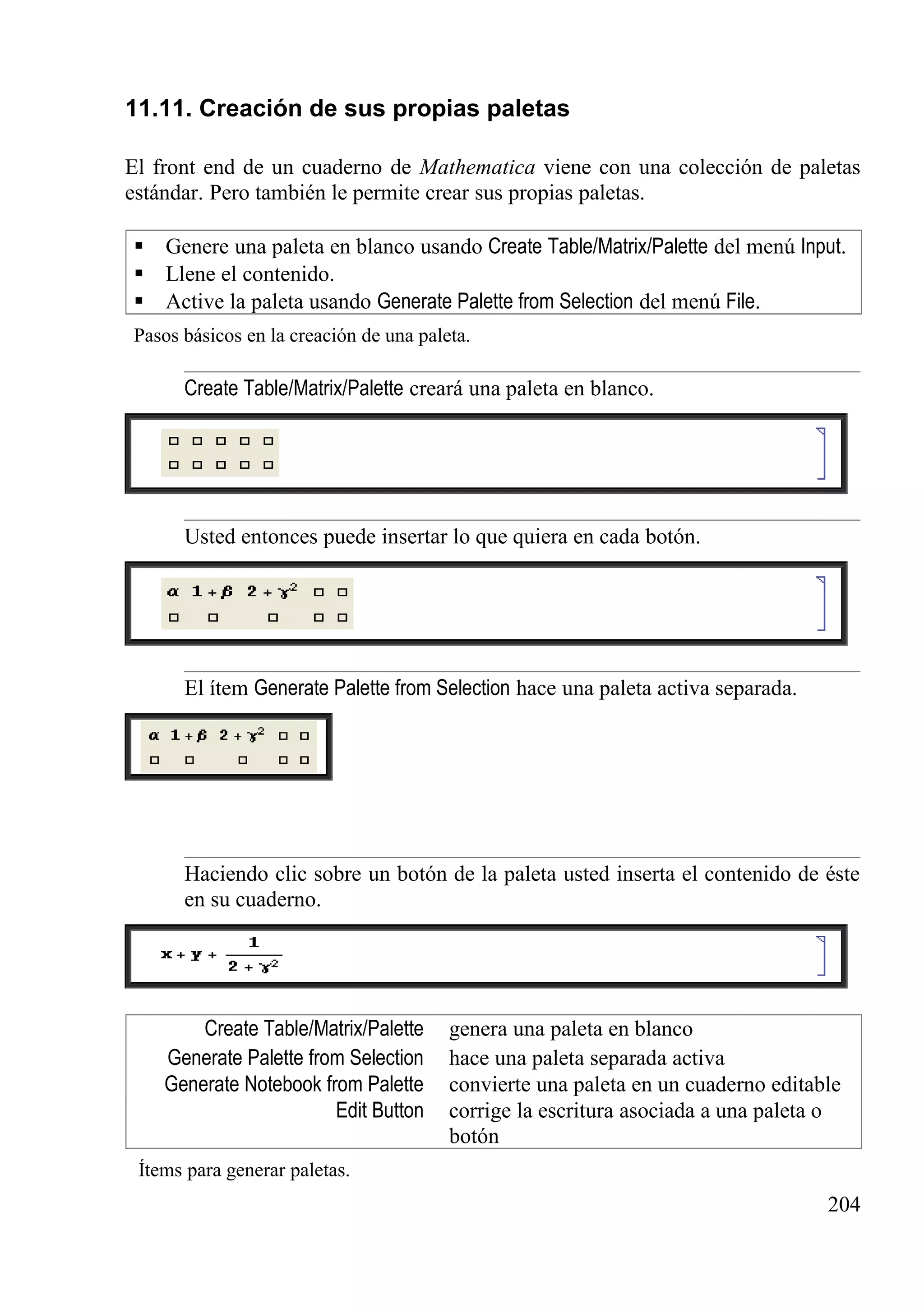 11.11. Creación de sus propias paletas
El front end de un cuaderno de Mathematica viene con una colección de paletas
estándar. Pero también le permite crear sus propias paletas.
 Genere una paleta en blanco usando Create Table/Matrix/Palette del menú Input.
 Llene el contenido.
 Active la paleta usando Generate Palette from Selection del menú File.
Pasos básicos en la creación de una paleta.
Create Table/Matrix/Palette creará una paleta en blanco.
Usted entonces puede insertar lo que quiera en cada botón.
El ítem Generate Palette from Selection hace una paleta activa separada.
Haciendo clic sobre un botón de la paleta usted inserta el contenido de éste
en su cuaderno.
Create Table/Matrix/Palette genera una paleta en blanco
Generate Palette from Selection hace una paleta separada activa
Generate Notebook from Palette convierte una paleta en un cuaderno editable
Edit Button corrige la escritura asociada a una paleta o
botón
Ítems para generar paletas.
204
 