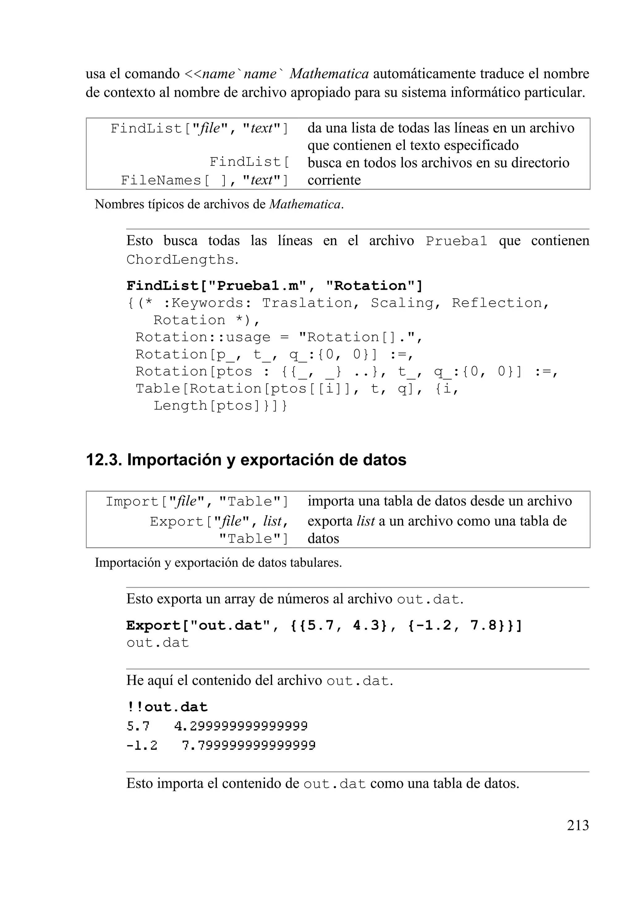 usa el comando <<name`name` Mathematica automáticamente traduce el nombre
de contexto al nombre de archivo apropiado para su sistema informático particular.
FindList["file", "text"] da una lista de todas las líneas en un archivo
que contienen el texto especificado
FindList[
FileNames[ ], "text"]
busca en todos los archivos en su directorio
corriente
Nombres típicos de archivos de Mathematica.
Esto busca todas las líneas en el archivo Prueba1 que contienen
ChordLengths.
FindList["Prueba1.m", "Rotation"]
{(* :Keywords: Traslation, Scaling, Reflection,
Rotation *),
Rotation::usage = "Rotation[].",
Rotation[p_, t_, q_:{0, 0}] :=,
Rotation[ptos : {{_, _} ..}, t_, q_:{0, 0}] :=,
Table[Rotation[ptos[[i]], t, q], {i,
Length[ptos]}]}
12.3. Importación y exportación de datos
Import["file", "Table"] importa una tabla de datos desde un archivo
Export["file", list,
"Table"]
exporta list a un archivo como una tabla de
datos
Importación y exportación de datos tabulares.
Esto exporta un array de números al archivo out.dat.
Export["out.dat", {{5.7, 4.3}, {-1.2, 7.8}}]
out.dat
He aquí el contenido del archivo out.dat.
!!out.dat
Esto importa el contenido de out.dat como una tabla de datos.
213
 