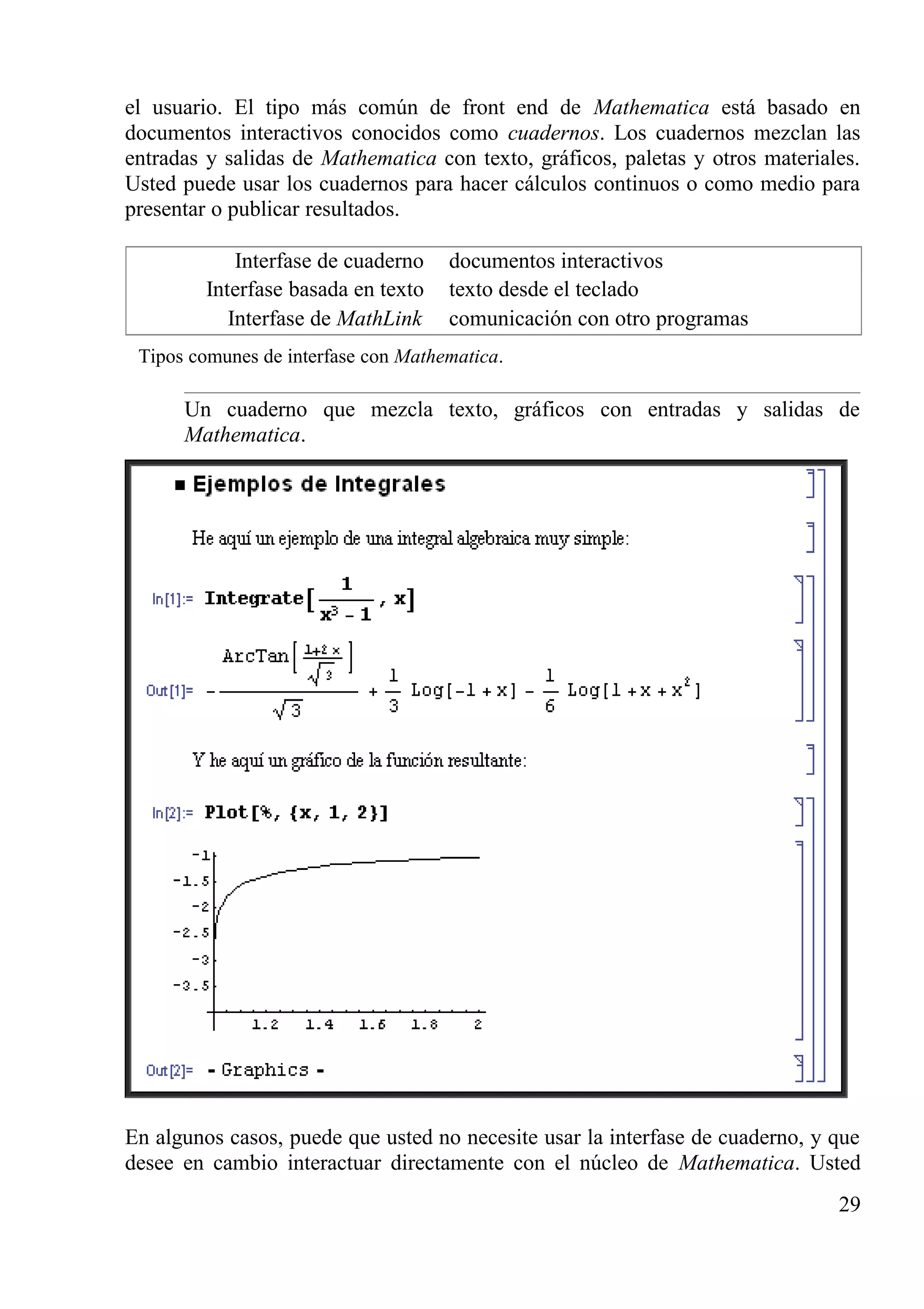 el usuario. El tipo más común de front end de Mathematica está basado en
documentos interactivos conocidos como cuadernos. Los cuadernos mezclan las
entradas y salidas de Mathematica con texto, gráficos, paletas y otros materiales.
Usted puede usar los cuadernos para hacer cálculos continuos o como medio para
presentar o publicar resultados.
Interfase de cuaderno documentos interactivos
Interfase basada en texto texto desde el teclado
Interfase de MathLink comunicación con otro programas
Tipos comunes de interfase con Mathematica.
Un cuaderno que mezcla texto, gráficos con entradas y salidas de
Mathematica.
En algunos casos, puede que usted no necesite usar la interfase de cuaderno, y que
desee en cambio interactuar directamente con el núcleo de Mathematica. Usted
29
 