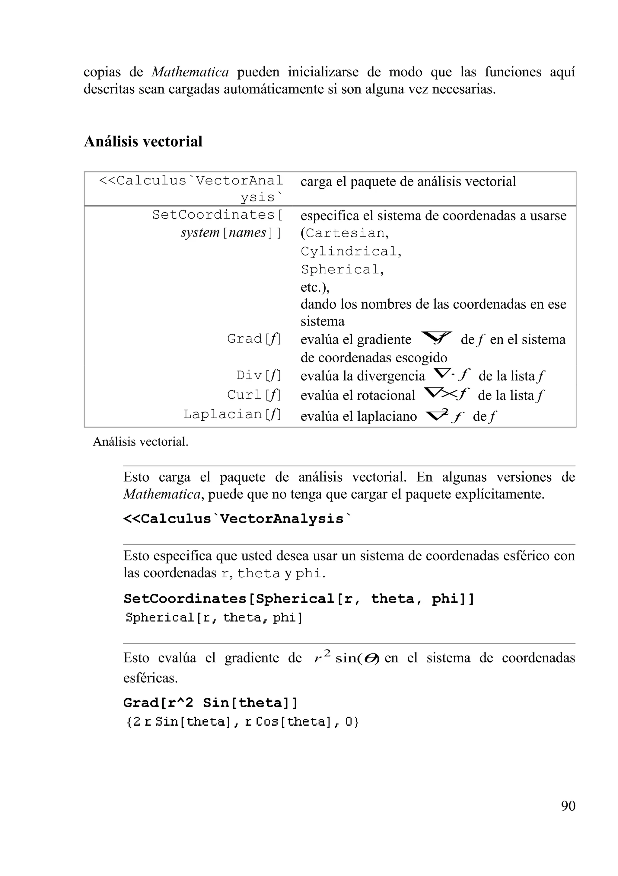 copias de Mathematica pueden inicializarse de modo que las funciones aquí
descritas sean cargadas automáticamente si son alguna vez necesarias.
Análisis vectorial
<<Calculus`VectorAnal
ysis`
carga el paquete de análisis vectorial
SetCoordinates[
system[names]]
especifica el sistema de coordenadas a usarse
(Cartesian,
Cylindrical,
Spherical,
etc.),
dando los nombres de las coordenadas en ese
sistema
Grad[f] evalúa el gradiente f∇ de f en el sistema
de coordenadas escogido
Div[f] evalúa la divergencia f⋅∇ de la lista f
Curl[f] evalúa el rotacional f×∇ de la lista f
Laplacian[f] evalúa el laplaciano f2
∇ de f
Análisis vectorial.
Esto carga el paquete de análisis vectorial. En algunas versiones de
Mathematica, puede que no tenga que cargar el paquete explícitamente.
<<Calculus`VectorAnalysis`
Esto especifica que usted desea usar un sistema de coordenadas esférico con
las coordenadas r, theta y phi.
SetCoordinates[Spherical[r, theta, phi]]
Esto evalúa el gradiente de )sin(2
θr en el sistema de coordenadas
esféricas.
Grad[r^2 Sin[theta]]
90
 