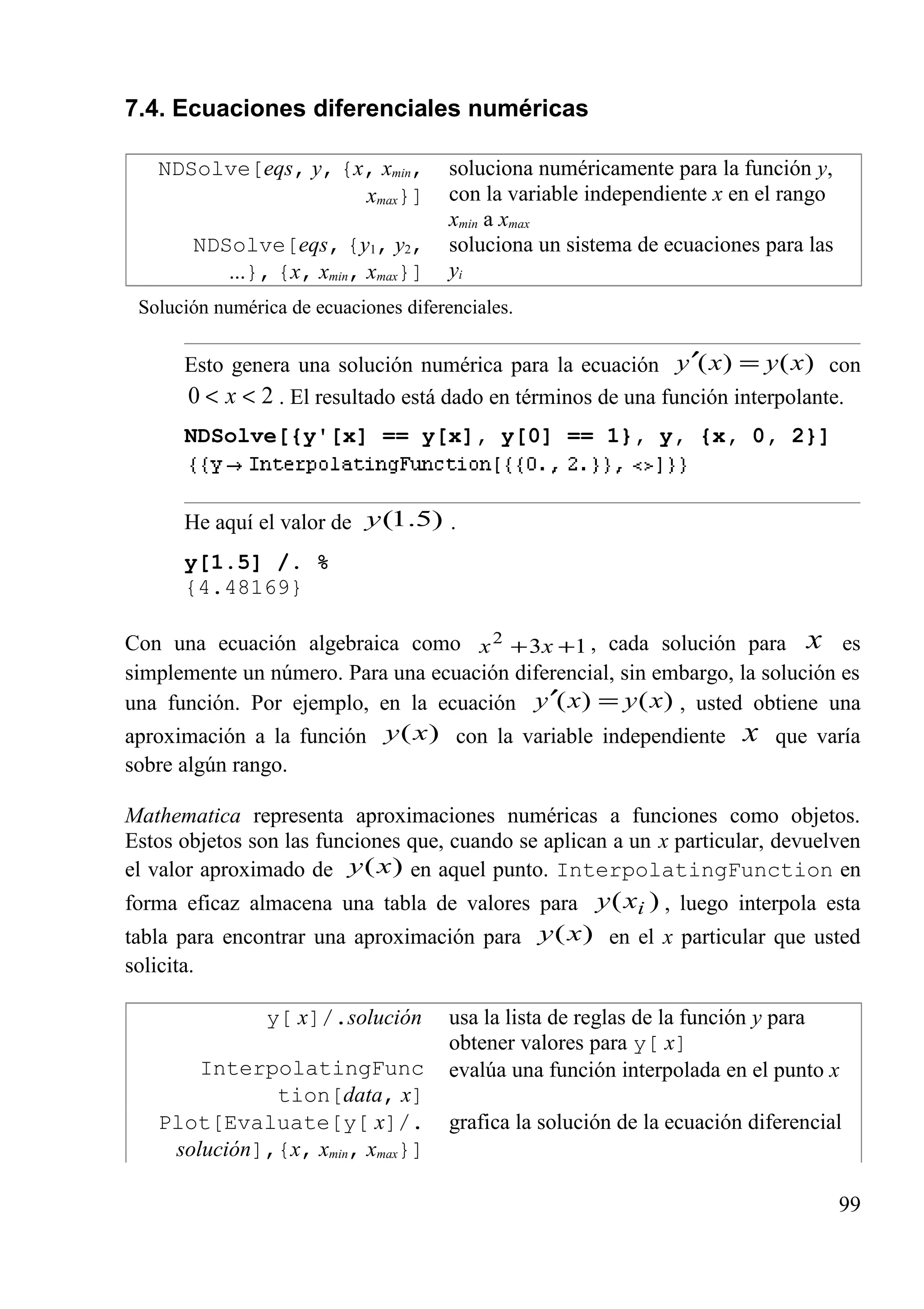 7.4. Ecuaciones diferenciales numéricas
NDSolve[eqs, y, {x, xmin,
xmax}]
soluciona numéricamente para la función y,
con la variable independiente x en el rango
xmin a xmax
NDSolve[eqs, {y1, y2,
...}, {x, xmin, xmax}]
soluciona un sistema de ecuaciones para las
yi
Solución numérica de ecuaciones diferenciales.
Esto genera una solución numérica para la ecuación )()( xyxy =′ con
20 << x . El resultado está dado en términos de una función interpolante.
NDSolve[{y'[x] == y[x], y[0] == 1}, y, {x, 0, 2}]
He aquí el valor de )5.1(y .
y[1.5] /. %
{4.48169}
Con una ecuación algebraica como 132
++ xx , cada solución para x es
simplemente un número. Para una ecuación diferencial, sin embargo, la solución es
una función. Por ejemplo, en la ecuación )()( xyxy =′ , usted obtiene una
aproximación a la función )(xy con la variable independiente x que varía
sobre algún rango.
Mathematica representa aproximaciones numéricas a funciones como objetos.
Estos objetos son las funciones que, cuando se aplican a un x particular, devuelven
el valor aproximado de )(xy en aquel punto. InterpolatingFunction en
forma eficaz almacena una tabla de valores para )( ixy , luego interpola esta
tabla para encontrar una aproximación para )(xy en el x particular que usted
solicita.
y[ x]/.solución usa la lista de reglas de la función y para
obtener valores para y[ x]
InterpolatingFunc
tion[data, x]
evalúa una función interpolada en el punto x
Plot[Evaluate[y[ x]/.
solución],{x, xmin, xmax}]
grafica la solución de la ecuación diferencial
99
 