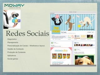 Redes Sociais
Diagnóstico
Planejamento
Personalização de Canais – Wireframe e layout;
Gestão de Conteúdo
Produção de Conteúdo
Aplicativos
Social games
 