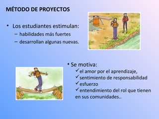 MÉTODO DE PROYECTOS
• Los estudiantes estimulan:
– habilidades más fuertes
– desarrollan algunas nuevas.

• Se motiva:

el amor por el aprendizaje,
sentimiento de responsabilidad
esfuerzo
entendimiento del rol que tienen
en sus comunidades..

 