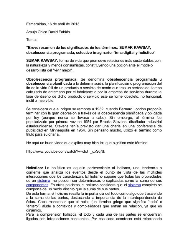 Breve resumen de los significados de los términos sumak kawsay obsole…