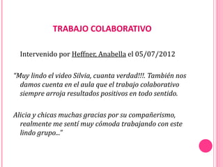 TRABAJO COLABORATIVO

  Intervenido por Heffner, Anabella el 05/07/2012

“Muy lindo el video Silvia, cuanta verdad!!!. También nos
  damos cuenta en el aula que el trabajo colaborativo
  siempre arroja resultados positivos en todo sentido.

Alicia y chicas muchas gracias por su compañerismo,
  realmente me sentí muy cómoda trabajando con este
  lindo grupo...”
 