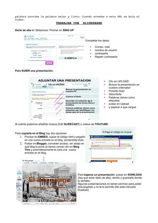 palabra youtube la palabra bajar y listo. Cuando accedas a esta URL se baja el 
vídeo.
                                 TRABAJAR CON  SLIDESHARE

Darte de alta en Slideshare: Pinchar en SING UP


                                                             Completar los datos:

                                                                •   Correo- mail
                                                                •   nombre de usuario
                                                                •   contraseña
                                                                •   Repetir contraseña




Para SUBIR una presentación:



                                                                            •   Clic en UPLOAD
                                                                            •   Buscar la presentación en
                                                                                nuestro ordenador
                                                                            •   Ponerle título
                                                                            •   Describirla
                                                                            •   Palabras claves como
                                                                                etiquetas
                                                                            •   pulsar en Upload
                                                                            •   y esperar a que cargue




Al subirla podemos añadirle música (Edit SLIDECAST) o videos de YOUTUBE.


Para copiarla en el Blog hay dos opciones:
   1. Pinchar en EMBED, copiar el código html y pegarlo
       en una nueva entrada en el blog, poniéndole título.
   2. Pulsar en Blogger, conceder acceso, ver abajo en
       qué blog lo pone (si tienes varios) clic en Blog
       This y automáticamente te crea una nueva
       entrada en el blog.




                                                   Para bajarse un presentación: pulsar en DOWLOAD
                                                   (hay que estar dado de alta), abrirlo y guardarlo donde
                                                   tu señales.
                                                   Algunas presentaciones no tienen permiso para poder
                                                   descargarlas y no te lo permite (No está marcado
                                                   Dowload)
 