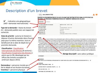 Description d’un brevet
6
N° : indication aire géographique
(WO = demande internationale)
Type de la demande = Statut du brevet
A1 = demande publiée avec son rapport de
recherche
Date de priorité : autorise le titulaire à
déposer d'autres demandes dans d'autres
pays pour la même invention, tout en
bénéficiant de la date de dépôt de la
première demande.
Classification : Classification
Internationale des Brevets (8 sections) ;
Classification Coopérative des Brevets (+
précis que la CIB, développé par les
offices des brevets européen et
américain depuis 2013).
Demandeur = personne morale qui a
fait le dépôt et est titulaire du brevet
Inventeur = personne physique
Abrégé descriptif : sans valeur juridique
 