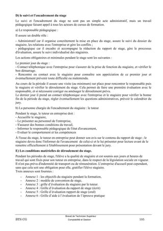 Brevet de Technicien Supérieur
BTS CG Comptabilité et Gestion 105
D) le suivi et l’encadrement du stage
Le suivi et l'encadrement du stage ne sont pas un simple acte administratif, mais un travail
pédagogique faisant appel à tous les acteurs de cursus de formation.
a) Le responsable pédagogique :
Il assure un double rôle :
- Administratif car il organise concrètement la mise en place du stage, assure le suivi du dossier du
stagiaire, les relations avec l'entreprise et gère les conflits ;
- pédagogique car il encadre et accompagne la rédaction du rapport de stage, gère le processus
d'évaluation, assure le suivi individualisé des stagiaires.
Les actions obligatoires et minimales pendant le stage sont les suivantes :
Le premier jour du stage :
- Contact téléphonique avec l'entreprise pour s'assurer de la prise de fonction du stagiaire, et vérifier le
bon démarrage.
- Rencontre ou contact avec le stagiaire pour connaître son appréciation de ce premier jour et
éventuellement prévenir toute difficulté ou malentendu.
Au cours de la période il assure une visite (au minimum) sur place pour rencontrer le responsable puis
le stagiaire et vérifier le déroulement du stage. Cela permet de faire une première évaluation avec le
responsable, et si nécessaire corriger ou aménager le déroulement prévu.
Le dernier jour il prend un contact téléphonique avec l'entreprise et le stagiaire pour vérifier la bonne
fin de la période du stage, régler éventuellement les questions administratives, prévoir le calendrier du
jury.
b) La personne chargée de l'encadrement du stagiaire : le tuteur
Pendant le stage, le tuteur en entreprise doit :
- Accueillir le stagiaire,
- Le présenter au personnel de l'entreprise,
- S'assurer des bonnes conditions du travail,
- Informer le responsable pédagogique de l'état d'avancement,
- Evaluer le comportement et les compétences
À l'issue du stage, le tuteur en entreprise peut donner son avis sur le contenu du rapport de stage ; le
stagiaire devra donc l'informer de l'avancement de celui-ci et le lui présenter pour lecture avant de le
remettre officiellement à l'établissement pour présentation devant le jury.
E) Les conditions matérielles de déroulement du stage.
Pendant les périodes de stage, l'élève a la qualité de stagiaire et est soumis aux jours et heures de
travail qui sont fixés pour son tuteur en entreprise, dans le respect de la législation sociale en vigueur.
Il n'est pas prévu d'indemnité de transport ou de rémunération. L'entreprise d'accueil peut cependant,
sans que cela soit une obligation pour elle, gratifier l'élève stagiaire.
Trois annexes sont fournies :
- Annexe 1 : les objectifs du stagiaire pendant la formation,
- Annexe 2 : modèle de convention de stage,
- Annexe 3 : grille d’évaluation du stagiaire par le tuteur.
- Annexe 4 : Grille d’évaluation du rapport de stage (écrit)
- Annexe 5 : Grille d’évaluation rapport de stage (oral)
- Annexe 6 : Grille d’aide à l’évaluation de l’épreuve pratique
 