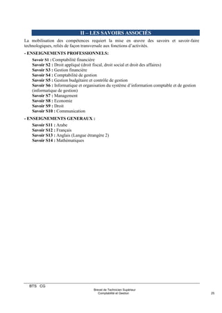 BTS CG
Brevet de Technicien Supérieur
Comptabilité et Gestion 25
II – LES SAVOIRS ASSOCIÉS
La mobilisation des compétences requiert la mise en œuvre des savoirs et savoir-faire
technologiques, reliés de façon transversale aux fonctions d’activités.
- ENSEIGNEMENTS PROFESSIONNELS:
Savoir S1 : Comptabilité financière
Savoir S2 : Droit appliqué (droit fiscal, droit social et droit des affaires)
Savoir S3 : Gestion financière
Savoir S4 : Comptabilité de gestion
Savoir S5 : Gestion budgétaire et contrôle de gestion
Savoir S6 : Informatique et organisation du système d’information comptable et de gestion
(informatique de gestion)
Savoir S7 : Management
Savoir S8 : Economie
Savoir S9 : Droit
Savoir S10 : Communication
- ENSEIGNEMENTS GENERAUX :
Savoir S11 : Arabe
Savoir S12 : Français
Savoir S13 : Anglais (Langue étrangère 2)
Savoir S14 : Mathématiques
 