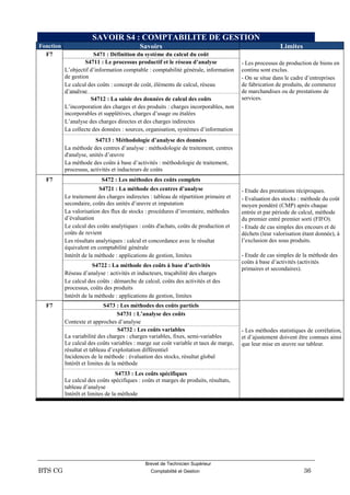 Brevet de Technicien Supérieur
BTS CG Comptabilité et Gestion 36
SAVOIR S4 : COMPTABILITE DE GESTION
Fonction Savoirs Limites
F7 S471 : Définition du système du calcul du coût
S4711 : Le processus productif et le réseau d’analyse
L’objectif d’information comptable : comptabilité générale, information
de gestion
Le calcul des coûts : concept de coût, éléments de calcul, réseau
d’analyse
- Les processus de production de biens en
continu sont exclus.
- On se situe dans le cadre d’entreprises
de fabrication de produits, de commerce
de marchandises ou de prestations de
services.S4712 : La saisie des données de calcul des coûts
L’incorporation des charges et des produits : charges incorporables, non
incorporables et supplétives, charges d’usage ou étalées
L’analyse des charges directes et des charges indirectes
La collecte des données : sources, organisation, systèmes d’information
S4713 : Méthodologie d’analyse des données
La méthode des centres d’analyse : méthodologie de traitement, centres
d'analyse, unités d’œuvre
La méthode des coûts à base d’activités : méthodologie de traitement,
processus, activités et inducteurs de coûts
F7 S472 : Les méthodes des coûts complets
S4721 : La méthode des centres d’analyse
Le traitement des charges indirectes : tableau de répartition primaire et
secondaire, coûts des unités d’œuvre et imputation
La valorisation des flux de stocks : procédures d’inventaire, méthodes
d’évaluation
Le calcul des coûts analytiques : coûts d'achats, coûts de production et
coûts de revient
Les résultats analytiques : calcul et concordance avec le résultat
équivalent en comptabilité générale
Intérêt de la méthode : applications de gestion, limites
- Etude des prestations réciproques.
- Evaluation des stocks : méthode du coût
moyen pondéré (CMP) après chaque
entrée et par période de calcul, méthode
du premier entré premier sorti (FIFO).
- Etude de cas simples des encours et de
déchets (leur valorisation étant donnée), à
l’exclusion des sous produits.
- Etude de cas simples de la méthode des
coûts à base d’activités (activités
primaires et secondaires).
S4722 : La méthode des coûts à base d’activités
Réseau d’analyse : activités et inducteurs, traçabilité des charges
Le calcul des coûts : démarche de calcul, coûts des activités et des
processus, coûts des produits
Intérêt de la méthode : applications de gestion, limites
F7 S473 : Les méthodes des coûts partiels
S4731 : L’analyse des coûts
Contexte et approches d’analyse
- Les méthodes statistiques de corrélation,
et d’ajustement doivent être connues ainsi
que leur mise en œuvre sur tableur.
S4732 : Les coûts variables
La variabilité des charges : charges variables, fixes, semi-variables
Le calcul des coûts variables : marge sur coût variable et taux de marge,
résultat et tableau d’exploitation différentiel
Incidences de la méthode : évaluation des stocks, résultat global
Intérêt et limites de la méthode
S4733 : Les coûts spécifiques
Le calcul des coûts spécifiques : coûts et marges de produits, résultats,
tableau d’analyse
Intérêt et limites de la méthode
 