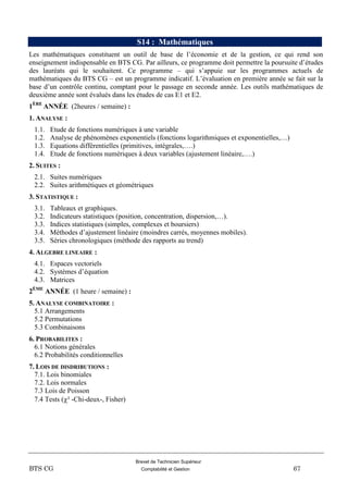 Brevet de Technicien Supérieur
BTS CG Comptabilité et Gestion 67
S14 : Mathématiques
Les mathématiques constituent un outil de base de l’économie et de la gestion, ce qui rend son
enseignement indispensable en BTS CG. Par ailleurs, ce programme doit permettre la poursuite d’études
des lauréats qui le souhaitent. Ce programme – qui s’appuie sur les programmes actuels de
mathématiques du BTS CG – est un programme indicatif. L’évaluation en première année se fait sur la
base d’un contrôle continu, comptant pour le passage en seconde année. Les outils mathématiques de
deuxième année sont évalués dans les études de cas E1 et E2.
1ÈRE
ANNÉE (2heures / semaine) :
1. ANALYSE :
1.1. Etude de fonctions numériques à une variable
1.2. Analyse de phénomènes exponentiels (fonctions logarithmiques et exponentielles,…)
1.3. Equations différentielles (primitives, intégrales,….)
1.4. Etude de fonctions numériques à deux variables (ajustement linéaire,….)
2. SUITES :
2.1. Suites numériques
2.2. Suites arithmétiques et géométriques
3. STATISTIQUE :
3.1. Tableaux et graphiques.
3.2. Indicateurs statistiques (position, concentration, dispersion,…).
3.3. Indices statistiques (simples, complexes et boursiers)
3.4. Méthodes d’ajustement linéaire (moindres carrés, moyennes mobiles).
3.5. Séries chronologiques (méthode des rapports au trend)
4. ALGEBRE LINEAIRE :
4.1. Espaces vectoriels
4.2. Systèmes d’équation
4.3. Matrices
2ÈME
ANNÉE (1 heure / semaine) :
5. ANALYSE COMBINATOIRE :
5.1 Arrangements
5.2 Permutations
5.3 Combinaisons
6. PROBABILITES :
6.1 Notions générales
6.2 Probabilités conditionnelles
7. LOIS DE DISDRIBUTIONS :
7.1. Lois binomiales
7.2. Lois normales
7.3 Lois de Poisson
7.4 Tests (² -Chi-deux-, Fisher)
 