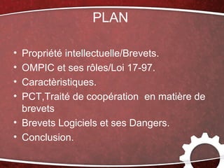 PLAN

• Propriété intellectuelle/Brevets.
• OMPIC et ses rôles/Loi 17-97.
• Caractèristiques.
• PCT,Traité de coopération en matière de
  brevets
• Brevets Logiciels et ses Dangers.
• Conclusion.
 