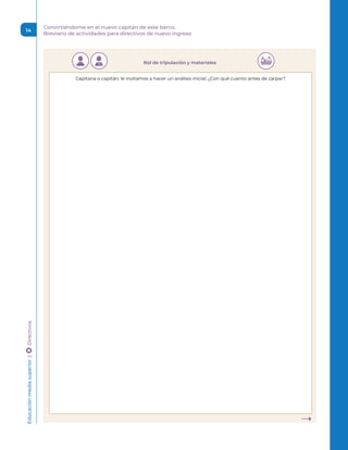Rol de tripulación y materiales
Capitana o capitán: le invitamos a hacer un análisis inicial: ¿Con qué cuento antes de zarpar?
Educación
media
superior 
| 
 
Directivos Convirtiéndome en el nuevo capitán de este barco.
Breviario de actividades para directivos de nuevo ingreso
14
 