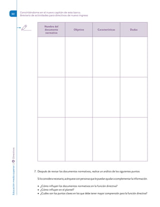 Nombre del
documento
normativo
Objetivo Características Dudas
7. Después de revisar los documentos normativos, realice un análisis de los siguientes puntos:
Siloconsideranecesario,acérqueseconpersonasquelepuedanayudaracomplementarlainformación.
▶ ¿Cómo influyen los documentos normativos en la función directiva?
▶ ¿Cómo influyen en el plantel?
▶ ¿Cuáles son los puntos claves en los que debe tener mayor comprensión para la función directiva?
Educación
media
superior 
|
 
Directivos
50
Convirtiéndome en el nuevo capitán de este barco.
Breviario de actividades para directivos de nuevo ingreso
 