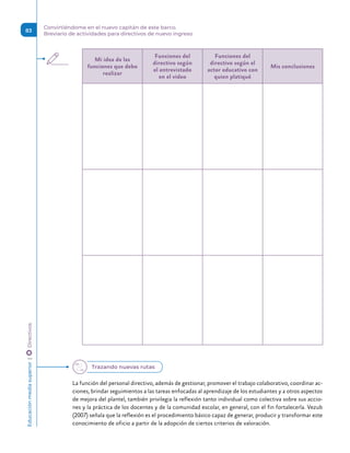 Mi idea de las
funciones que debo
realizar
Funciones del
directivo según
el entrevistado
en el video
Funciones del
directivo según el
actor educativo con
quien platiqué
Mis conclusiones
La función del personal directivo, además de gestionar, promover el trabajo colaborativo, coordinar ac-
ciones, brindar seguimientos a las tareas enfocadas al aprendizaje de los estudiantes y a otros aspectos
de mejora del plantel, también privilegia la reflexión tanto individual como colectiva sobre sus accio-
nes y la práctica de los docentes y de la comunidad escolar, en general, con el fin fortalecerla. Vezub
(2007) señala que la reflexión es el procedimiento básico capaz de generar, producir y transformar este
conocimiento de oficio a partir de la adopción de ciertos criterios de valoración.
Trazando nuevas rutas
Educación
media
superior 
| 
 
Directivos
83
Convirtiéndome en el nuevo capitán de este barco.
Breviario de actividades para directivos de nuevo ingreso
 