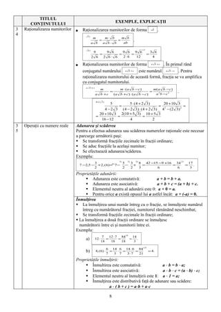 TITLUL
       CONŢINUTULUI                                                   EXEMPLE, EXPLICAŢII
3   Raţionalizarea numitorilor       Raţionalizarea numitorilor de forma                                 a b   .
4                                           b)
                                                  m     m⋅ b    m b
                                                     =        =                         .
                                                 a b   a b⋅ b    ab

                                            6)                                                   (3
                                                  9             9 6    9 6    9 6                         3 6
                                                         =           =      =                         =
                                                 2 6          2 6⋅ 6   2 ⋅6    12                          4

                                     Raţionalizarea numitorilor de forma a b + c . În primul rând
                                      conjugatul numărului a b + c este numărul a b − c . Pentru
                                      raţionalizarea numitorului de această formă, fracţia se va amplifica
                                      cu conjugatul numitorului.
                                        a    b −c )
                                                        m         m ⋅(a b −c)          m( a b − c )
                                                             =                       =
                                                                                        a 2b − c 2
                                                                                                                    .
                                                      a b +c   (a b + c) ⋅ (a b − c)

                                                      4 +2 3 )
                                                               5        5 ⋅ (4 + 2 3 )       20 + 10 3
                                                                   =                       = 2            =
                                                           4 − 2 3 ( 4 − 2 3 ) ⋅ (4 + 2 3 ) 4 − ( 2 3 ) 2
                                                        20 + 10 3 2(10 + 5 3) 10 + 5 3
                                                      =           =               =
                                                         16 − 12         4              2
3   Operaţii cu numere reale     Adunarea şi scăderea
5                                Pentru a efectua adunarea sau scăderea numerelor raţionale este necesar
                                 a parcurge următorii paşi:
                                  Se transformă fracţiile zecimale în fracţii ordinare;
                                  Se aduc fracţiile la acelaşi numitor;
                                  Se efectuează adunarea/scăderea.
                                 Exemplu:
                                                                        3)      3)          2)                          (2
                                                      3                    5   3   8   42 −15 −9 +16   34                        17
                                     7 −2,5 −           + 2, ( 6) =6 ) 7 −   −   +   =               =                       =      .
                                                      2                    2   2   3         6          6                         3
                                 Proprietăţile adunării:
                                        Adunarea este comutativă:              a + b = b + a.
                                        Adunarea este asociativă:              a + b + c = (a + b) + c.
                                        Elementul neutru al adunării este 0: a + 0 = a.
                                        Pentru orice a există opusul lui a astfel încât: a + (-a) = 0.
                                 Înmulţirea
                                  La înmulţirea unui număr întreg cu o fracţie, se înmulţeste numărul
                                     întreg cu numărătorul fracţiei, numitorul rămânănd neschimbat;
                                  Se transformă fracţiile zecimale în fracţii ordinare;
                                  La înmulţirea a două fracţii ordinare se înmulţesc
                                   numărătorii între ei şi numitorii între ei.
                                 Exemplu:
                                                                               (6
                                                              7   12 ⋅ 7 84             14
                                        a)            12 ⋅
                                                             18
                                                                =
                                                                   18
                                                                        =
                                                                          18
                                                                                    =
                                                                                         3
                                                                                           .

                                                                                                 ( 21
                                                                 6 14 6 14 ⋅ 6 84
                                        b)            4, (6) ⋅
                                                                 7
                                                                   =  ⋅ =
                                                                     3 7  3 ⋅7
                                                                               =
                                                                                 21
                                                                                                        = 4.

                                 Proprietăţile înmulţirii:
                                       Înmultirea este comutativă:              a ⋅ b = b ⋅ a;
                                       Înmultirea este asociativă:              a ⋅ b ⋅ c = (a ⋅ b) ⋅ c;
                                       Elementul neutru al înmulţirii este 1: a ⋅ 1 = a;
                                       Înmulţirea este distributivă faţă de adunare sau scădere:
                                                   a ⋅ ( b + c ) = a⋅ b + a⋅ c

                                                                  8
 