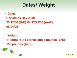 Dates/ Weight Dates Christmas Day 2000 25/12/00 (BrE) Vs 12/25/00 (AmE) 06/04/05 Weight 11 stone 4 (11 stones and 4 pounds–BrE) 158 pounds (AmE) 