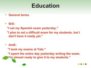 Education General terms BrE: "I sat my Spanish exam yesterday."  "I plan to set a difficult exam for my students, but I don't have it ready yet."  AmE: "I took my exams at Yale."  "I spent the entire day yesterday writing the exam. I'm almost ready to give it to my students." 