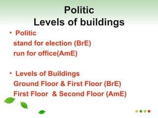 Politic Levels of buildings Politic stand for election (BrE)  run for office(AmE)  Levels of Buildings Ground Floor & First Floor (BrE) First Floor  & Second Floor (AmE) 