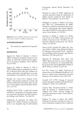 70 ENGEVISTA, V. 15, n. 1. p. 61-71, abril 2013
Figure 8-b. Activity at different temperature: enzyme assay
was carried out at pH 5.5 at different temperatures.
ACKNOWLEDGMENT
The research was supported by Cnpq, Bra-
zil.
REFERENCES
Agrawal, D., Patidar, P., Banerjee, T., Patil, S.
(2004). Production of alkaline protease by Peni-
cillium sp. under SSF conditions and its applica-
tion to soy protein hydrolysis. Process Biochem.,
39, p.977-981.
Agrawal, D., Patidar, P., Banerjee, T., Patil, S.
(2005). Alkaline protease production by a soil iso-
late of Beauveria feline under SSF condition: pa-
rameter optimization and application to soy pro-
tein hydrolysis. Process Biochem., 40, p.1131-1136.
Bertolin, T.E., Costa, J.A.V., Pasquali, G.D.L.
(2001). Glucoamylase production in batch and
fed-batch solid state fermentation: effect of malt-
ose or starch addition. Journal Microbiol. Biotech-
nol., 1, p.13-16.
Bradford, M.M. (1976). A rapid and sensitive
method for a quantitation of microgram quanti-
ties of proteins utilizing the principle of protein-
dye binding. Anal. Biochem., 72, p.248-254.
Chakraborty, R., Srinivasan, M., Sarkar, S.K.,
Raghvan, K.V. (2005). Production of acid prote-
ase by a new Aspergillus niger by solid substrate
fermentation. Journal Microb. Biotechnol., 10,
p.17-30.
Chauhan, B., Gupta, R. (2004). Application of
statistical experiment design for optimization of
alkaline protease production from Bacillus sp.
RGR-14. Process Biochem., 39, 2115-2122.
Chellappan, S., Jasmin, C., Basheer, S.M., Elyas,
K.K., Bhat, S.G., Chandrasekaran, M. (2006).
Production, purification and partial characteriza-
tion of a novel protease from marine Engyodon-
tium album BTMFS10 under solid state fermen-
tation. Process Biochem., 41, 956-961.
Germano, S., Pandey, A., Osaku, C.A., Rocha,
S.N., Soccol, C.R. (2003). Characterization and
stability of proteases from Penicillium sp. pro-
duced by solid-state fermentation. Enz. Microb.
Technol., 32, 246-251.
Hasan, S.D.M., Gambale, W., Zollner, R.L., San-
tana, M.H.A. (2003). Fungi Allergens Produced
by Solid-State Fermentation Process - Optimiza-
tion and Allergen Characterization. App. Biochem.
Biotechnol., 105-108, p.403-412.
Johnvesly, B., Manjunath, B.R., Naik, G.R.
(2002). Pigeon pea waste as a novel, inexpensive,
substrate for production of a thermostable alka-
line protease from thermoalkalophilic Bacillus sp.
JB-99. Bioresour. Technol., 82, p.61–64.
Joo, H.S., Chang, C.S. (2005). Production of
protease from a new alkalophilic Bacillus sp. I-312
grown on soybean meal: optimization and some
properties. Process Biochem., 40, p.1263-1270.
Laemmli, U.K. (1970). Cleavage of structural
proteins during the assembly of the head of bacte-
riophage T4. Nature, 227, p.680–687.
Lonsane, B.K., Saucedo-Castaneda, G., Raim-
bault, M., Roussos, S., Viniegra-Gonzales, G.,
Ghildyal, N.P. (1992). Scale-up strategies for
solid-state fermentation system. Process Biochem.,
27, p.259-273.
Mahanta, N., Gupta, A., Khare, S.K. (2008).
Production of protease and lípase by solvent to-
lerant Pseudomonas aeruginosa PseA in solid-state
 