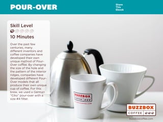 POUR-OVER
Skill Level
10 Minutes
Over the past few
centuries, many
different inventors and
coffee companies have
developed their own
unique method of Pour-
Over coffee. By changing
the size of the hole and
the pattern of the interior
ridges, companies have
developed different Pour-
Over models that all
produce their own unique
cup of coffee. For this
brew, we used a German
“Cilio” pour-over with a
size #4 filter.
Share
This
Ebook
buzzboxcoffee.com
Watch
Video
Online
 
