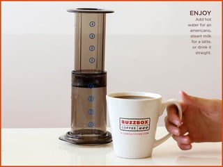 ENJOY
Add hot
water for an
americano,
steam milk
for a latte,
or drink it
straight.
 
