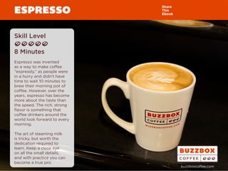 ESPRESSO
Skill Level
8 Minutes
Espresso was invented
as a way to make coffee
“expressly,” as people were
in a hurry and didn’t have
time to wait 10 minutes to
brew their morning pot of
coffee. However, over the
years, espresso has become
more about the taste than
the speed. The rich, strong
flavor is something that
coffee drinkers around the
world look forward to every
morning.
The art of steaming milk
is tricky, but worth the
dedication required to
learn. Keep a close eye
on all the small details,
and with practice you can
become a true pro.
Share
This
Ebook
buzzboxcoffee.com
Watch
Video
Online
 