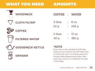 86buzzboxcoffee.com (866) 336-7165
WHAT YOU NEED AMOUNTS
COFFEE
3 tbsp
24 g
5 tbsp
40 g
WATER
8 oz
236 g
13 oz
385 g
WOODNECK
CLOTH FILTER*
:
:
:
:
:
COFFEE
FILTERED WATER
GOOSENECK KETTLE
GRINDER
*NOTE
If you have a new woodneck cloth filter,
make sure you remove the cloth filter from
its frame and soak it in boiling water for 5
minutes before beginning to brew. After
each brew, store it in a small dish of water
in the fridge.
 