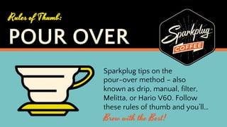 POUR OVER
Rules of Thumb:
Sparkplug tips on the
pour-over method – also
known as drip, manual, filter,
Melitta, or Hario V60. Follow
these rules of thumb and you’ll…
Brew with the Best!
 