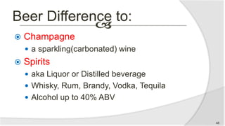 Beer Difference to:
 Champagne
 a sparkling(carbonated) wine
 Spirits
 aka Liquor or Distilled beverage
 Whisky, Rum, Brandy, Vodka, Tequila
 Alcohol up to 40% ABV
48
 