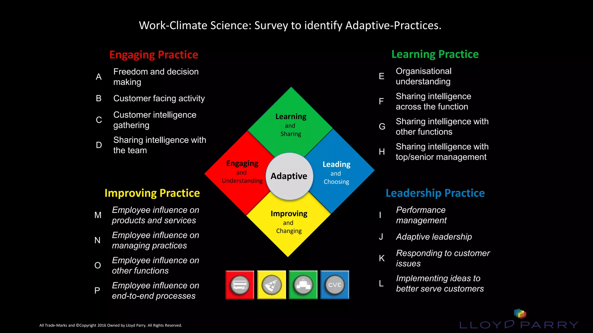 All Trade-Marks and ©Copyright 2016 Owned by Lloyd Parry. All Rights Reserved.
All Trade-Marks and ©Copyright 2016 Owned by Lloyd Parry. All Rights Reserved.
Work-Climate Science: Survey to identify Adaptive-Practices.
Improving Practice
M
Employee influence on
products and services
N
Employee influence on
managing practices
O
Employee influence on
other functions
P
Employee influence on
end-to-end processes
Leadership Practice
I
Performance
management
J Adaptive leadership
K
Responding to customer
issues
L
Implementing ideas to
better serve customers
Engaging Practice
A
Freedom and decision
making
B Customer facing activity
C
Customer intelligence
gathering
D
Sharing intelligence with
the team
Learning Practice
E
Organisational
understanding
F
Sharing intelligence
across the function
G
Sharing intelligence with
other functions
H
Sharing intelligence with
top/senior management
Adaptive
Engaging
and
Understanding
Learning
and
Sharing
Leading
and
Choosing
Improving
and
Changing
 