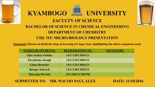 KYAMBOGO UNIVERSITY
FACULTY OF SCIENCE
BACHELOR OF SCIENCE IN CHEMICAL ENGINEERING
DEPARTMENT OF CHEMISTRY
CHE 315: MICRO-BIOLOGY PRESENTATION
Question6: Discuss in detail the steps in brewing of a lager beer, highlighting the micro-organisms used.
NAMES OF STUDENTS: REGISTRATION NO: SIGNATURE:
Opio Joshua Ochiba 14/U/138/CHD/GV
Kirembeka Joseph 14/U/134/CHD/GV
Gimei Benedict 14/U/132/CHD/GV
Barigye Edward 14/U/130/CHD/GV
Muyanja Derrick 14/U/6013/CHD/PD
SUBMITTED TO: MR. WACOO PAULALEX DATE: 11/10/2016
 