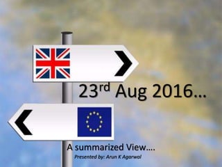 23rd Aug 2016…
Presented by: Arun K Agarwal
A summarized View….
 