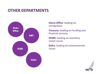 Home Office: leading on
immigration
Treasury: leading on funding and
financial services
DCMS: leading on voluntary
sector issues
Defra: leading on environmental
issues
OTHER DEPARTMENTS
 