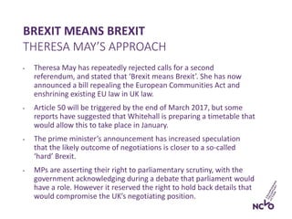 BREXIT MEANS BREXIT
• Theresa May has repeatedly rejected calls for a second
referendum, and stated that ‘Brexit means Brexit’. She has now
announced a bill repealing the European Communities Act and
enshrining existing EU law in UK law.
• Article 50 will be triggered by the end of March 2017, but some
reports have suggested that Whitehall is preparing a timetable that
would allow this to take place in January.
• The prime minister’s announcement has increased speculation
that the likely outcome of negotiations is closer to a so-called
‘hard’ Brexit.
• MPs are asserting their right to parliamentary scrutiny, with the
government acknowledging during a debate that parliament would
have a role. However it reserved the right to hold back details that
would compromise the UK’s negotiating position.
THERESA MAY’S APPROACH
 