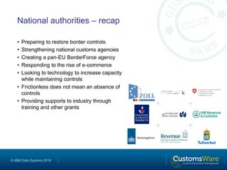 © ABM Data Systems 2018
National authorities – recap
• Preparing to restore border controls
• Strengthening national customs agencies
• Creating a pan-EU BorderForce agency
• Responding to the rise of e-commerce
• Looking to technology to increase capacity
while maintaining controls
• Frictionless does not mean an absence of
controls
• Providing supports to industry through
training and other grants
 