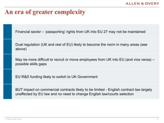 © Allen & Overy 2016 171717
An era of greater complexity
Financial sector – ‘passporting’ rights from UK into EU 27 may not be maintained
Dual regulation (UK and rest of EU) likely to become the norm in many areas (see
above)
May be more difficult to recruit or move employees from UK into EU (and vice versa) –
possible skills gaps
EU R&D funding likely to switch to UK Government
BUT impact on commercial contracts likely to be limited - English contract law largely
unaffected by EU law and no need to change English law/courts selection
 