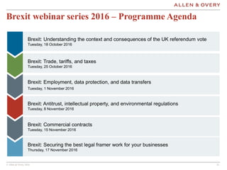 © Allen & Overy 2016 212121
Brexit webinar series 2016 – Programme Agenda
Brexit: Understanding the context and consequences of the UK referendum vote
Tuesday, 18 October 2016
Brexit: Trade, tariffs, and taxes
Tuesday, 25 October 2016
Brexit: Employment, data protection, and data transfers
Tuesday, 1 November 2016
Brexit: Securing the best legal framer work for your businesses
Thursday, 17 November 2016
Brexit: Antitrust, intellectual property, and environmental regulations
Tuesday, 8 November 2016
Brexit: Commercial contracts
Tuesday, 15 November 2016
 