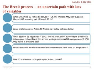 © Allen & Overy 2016 777
The Brexit process – an uncertain path with lots
of variables
Legal challenges over Article 50 Notice may delay exit (see below)
What deal will be negotiated? EU 27 will not want to set a precedent. Soft Brexit
(status quo) or hard Brexit (no access to single market/WTO arrangements)? PM
May wants a “bespoke deal”
What impact will the German and French elections in 2017 have on the process?
When will Article 50 Notice be served? UK PM Theresa May now suggests
March 2017, meaning exit 19 March 2019?
How do businesses contingency plan in this context?
 